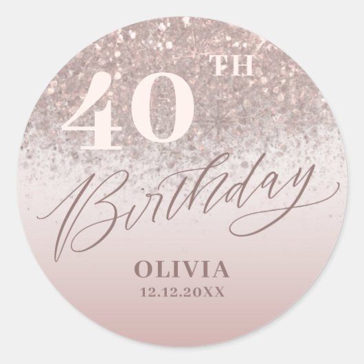 Sticker Rond Chic 40e fête d'anniversaire Rose Parties scintill (Devant)