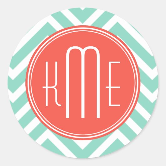 Sticker Rond Chic Aqua Green Chevron et Orange Custom Monogram (Devant)