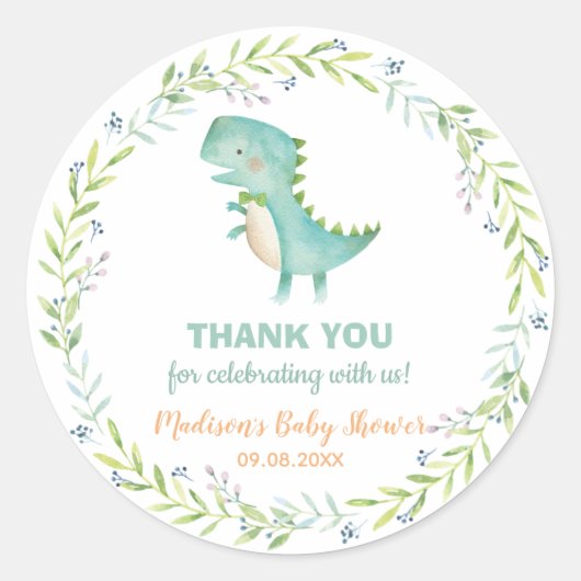 Sticker Rond Chic Aquarelle Cute Dinosaur Boy Baby shower (Devant)