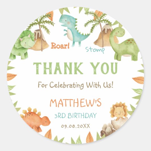 Sticker Rond Chic Aquarelle mignonne Dinosaure Anniversaire Fêt (Devant)