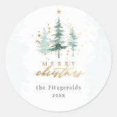 Sticker Rond Chic Aquarelle Pine Arbres Joyeux Noël (Devant)