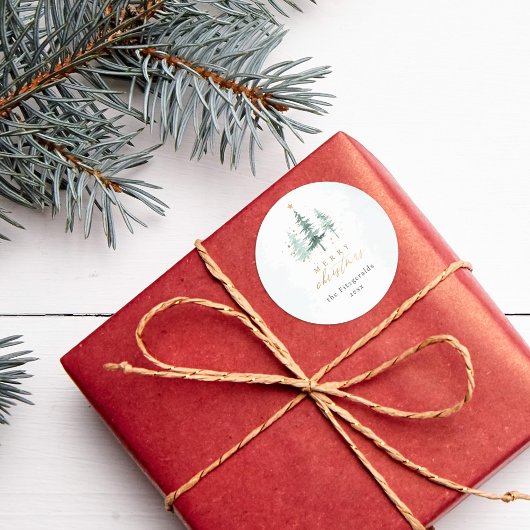 Sticker Rond Chic Aquarelle Pine Arbres Joyeux Noël