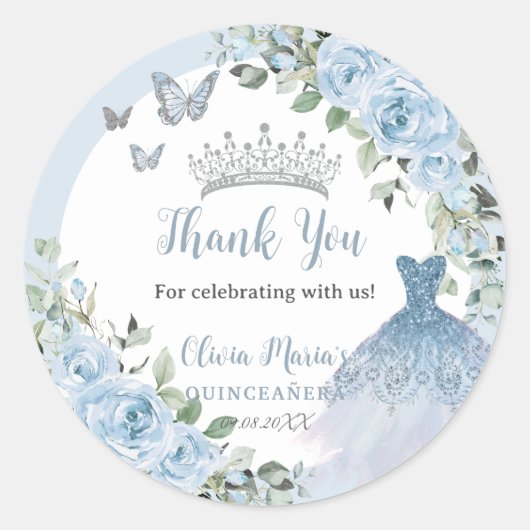 Sticker Rond Chic Baby Blue Floral Robe Argent Quinceañera (Devant)