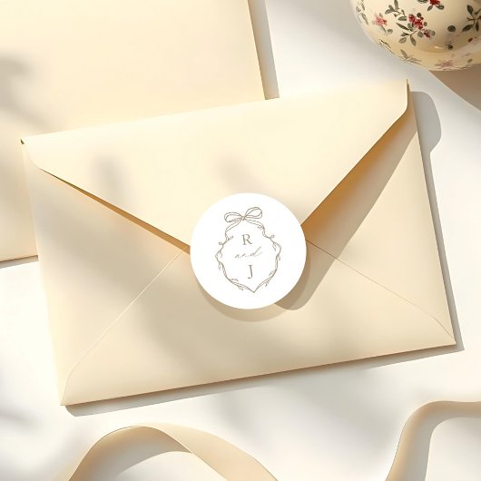 Sticker Rond Chic Beige Main Tirée Bow & Ribbon Monogram Crest