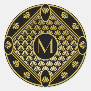 Sticker Rond Chic Black & Gold Art Déco Ventilateur Motif Monog