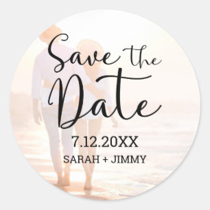 Sticker Rond Chic Black Script photo mariage Enregistrer la dat