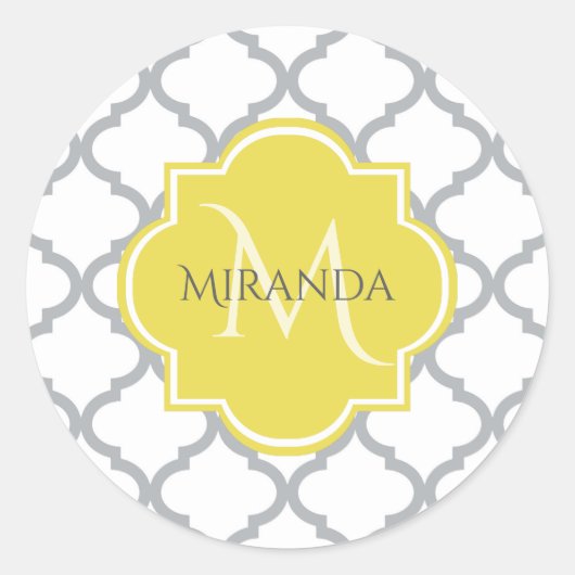 Sticker Rond Chic Blanc Gris Quatrefoil Jaune Nom Monogramme (Devant)