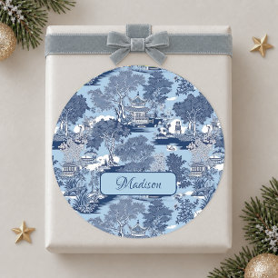 Sticker Rond Chic bleu saules blanc chinoiserie cottage