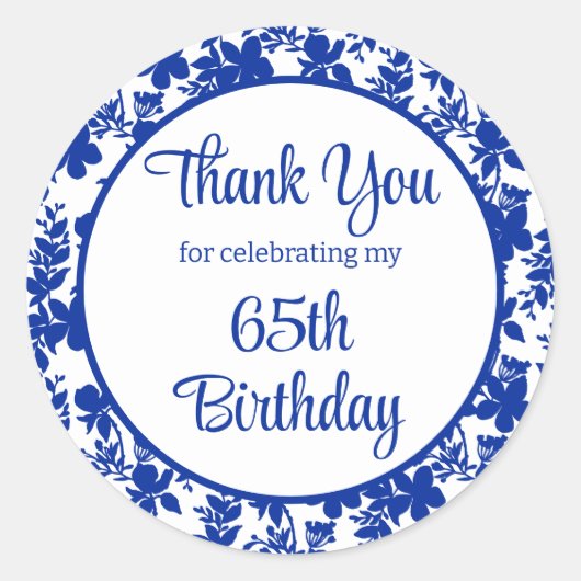 Sticker Rond Chic Blue Floral 65e fête d'anniversaire (Devant)