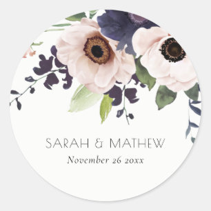Sticker Rond Chic Blush Marine Anemone Floral Mariage Aquarelle