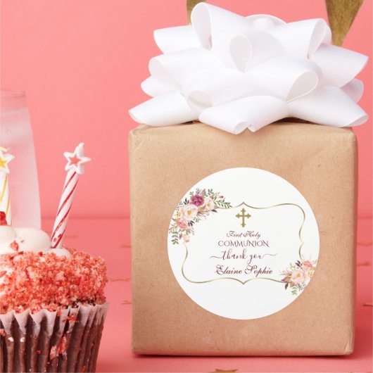 Sticker Rond Chic Blush Rose Floral Or Première Communion Saint (Fête)