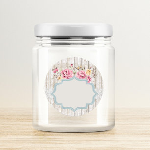 Sticker Rond Chic Bohème Fleurs Rustique Bois & Dentelle avec E