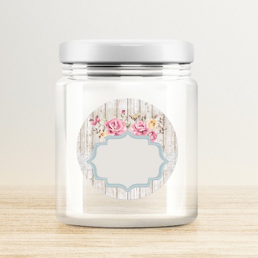 Sticker Rond Chic Bohème Fleurs Rustique Bois & Dentelle avec E