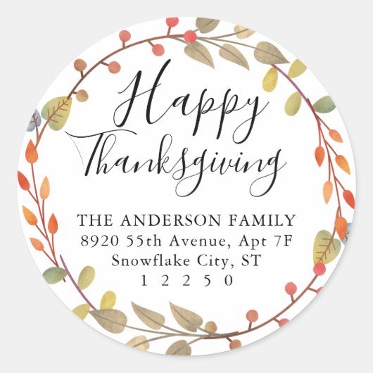 Sticker Rond Chic Bon thanksgiving Automne Automne Wreath Adres (Devant)