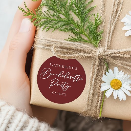 Sticker Rond Chic Burgundy Bachelorette Party Personalized