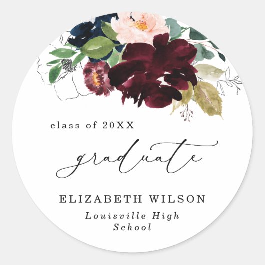 Sticker Rond Chic Burgundy Blue Florals Graduker (Devant)