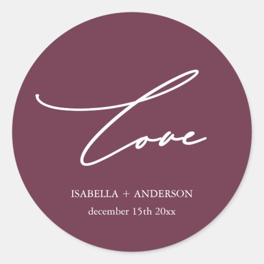 Sticker Rond Chic Burgundy Love Script avec Mariage de nom (Devant)