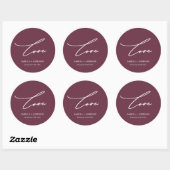 Sticker Rond Chic Burgundy Love Script avec Mariage de nom (Feuille)