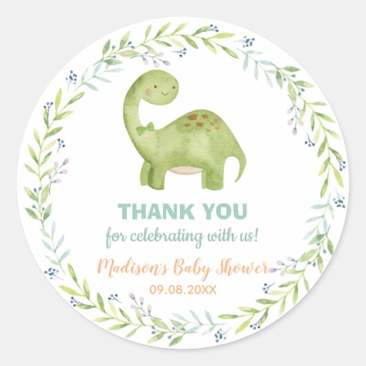 Sticker Rond Chic Cute Dinosaur Brontosaurus Baby shower garçon (Devant)