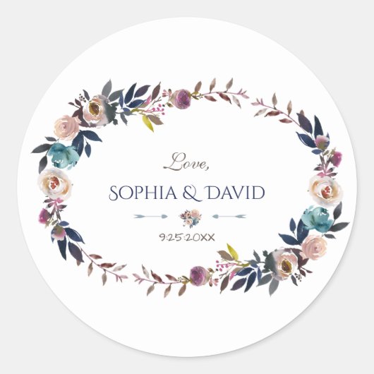 Sticker Rond Chic Dusty Blue Misty Rose Mariage de couronne (Devant)