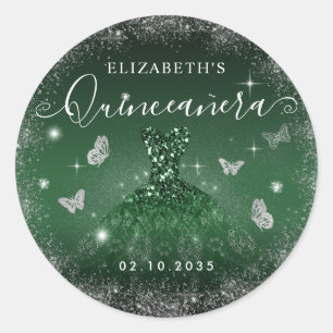 Sticker Rond Chic Emerald Green Parties scintillant Argent Gown