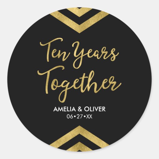 Sticker Rond Chic Faux Gold Chevron 10e anniversaire fête (Devant)