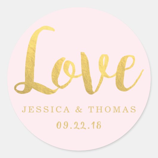 Sticker Rond Chic Faux Gold Foil & Blush Rose Mariage Love (Devant)