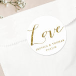 Sticker Rond Chic Faux Gold Foil Custom Wedding Love Modèle<br><div class="desc">Célébrez en style avec ces stickers élégants et très tendance pour mariage. Ajoutez facilement vos propres noms et votre date de mariage au modèle afin de créer les mariages parfaits pour vos invités. Les éléments mariages correspondants se trouvent dans la collection.</div>