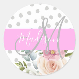 Sticker Rond Chic & Féminin Fleurs Blanc Rose Gris Monogramme N