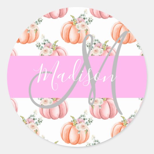 Sticker Rond Chic Fleur Blanche Rose Pêche Citrouille Monogramm (Devant)