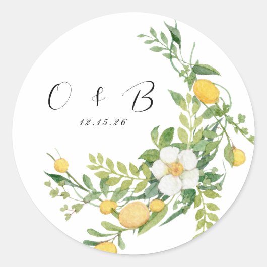 Sticker Rond Chic Floral et citron vert Mariage Monogramme (Devant)