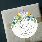 Sticker Rond Chic floral jaune bleu mariage monogramme merci