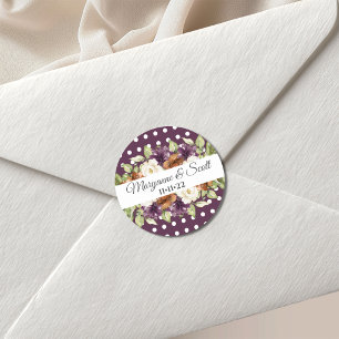 Sticker Rond Chic Floral Purple Polka Dot Faire-part de mariage