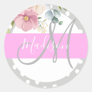 Sticker Rond Chic & Girly Floral Blanc Rose Gris Monogram Nom