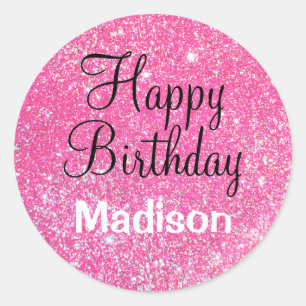 Sticker Rond Chic Glam Joyeux Anniversaire Paillettes Rose Chau