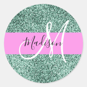 Sticker Rond Chic Glam Rose Vert Paillettes Étincelle Monogramm
