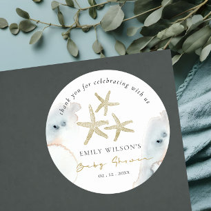 Sticker Rond Chic Gold Dusky Blue Beachy Starfish Baby shower