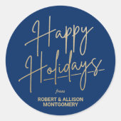 Sticker Rond Chic Gold Script Happy Holidays Blue (Devant)