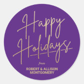 Sticker Rond Chic Gold Script Happy Holidays Purple (Devant)