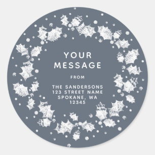Sticker Rond Chic gris bleu foncé Noël houx adresse de retour