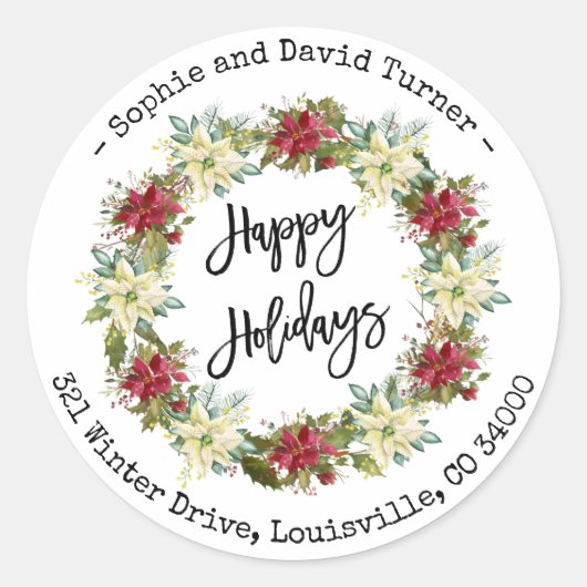 Sticker Rond Chic Joyeux Vacances Script Poinsettia Monogramme (Devant)