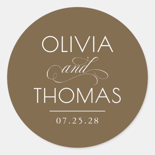 Sticker Rond Chic Modern Minimalist Typography Brown Wedding (Devant)
