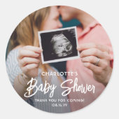 Sticker Rond Chic moderne Script & Baby shower photo Merci (Devant)