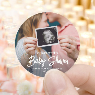 Sticker Rond Chic moderne Script & Baby shower photo Merci