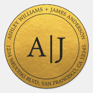 Sticker Rond Chic Monogram Mariage Adresse de retour Gold