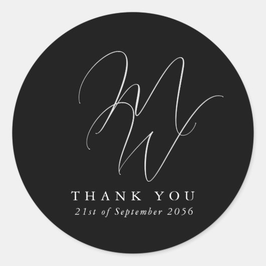 Sticker Rond Chic Monogramme moderne Mariage noir Merci (Devant)