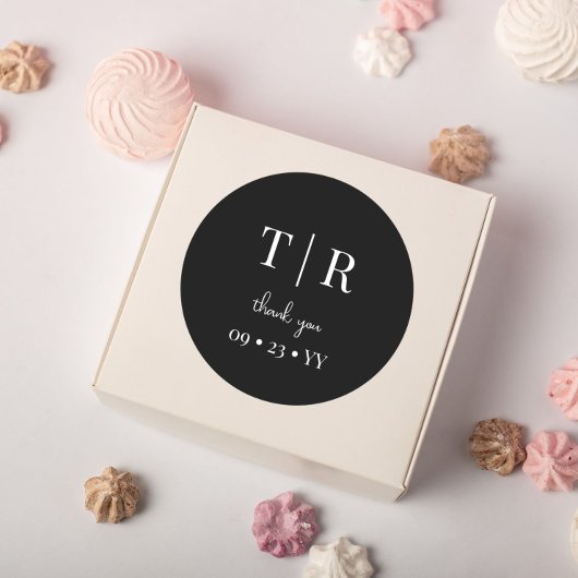 Sticker Rond Chic Monogramme noir et blanc Mariage Merci