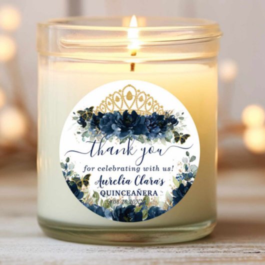 Sticker Rond Chic Navy Blue Floral Roses papillons Favoriser