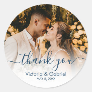Sticker Rond Chic Navy Script Photo Mariage Photo Merci
