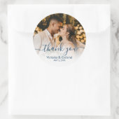 Sticker Rond Chic Navy Script Photo Mariage Photo Merci (Sac)